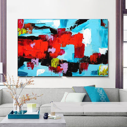 EXTRA LARGE Red Blue Abstract Impasto Oil Painting on Canvas / No Frame