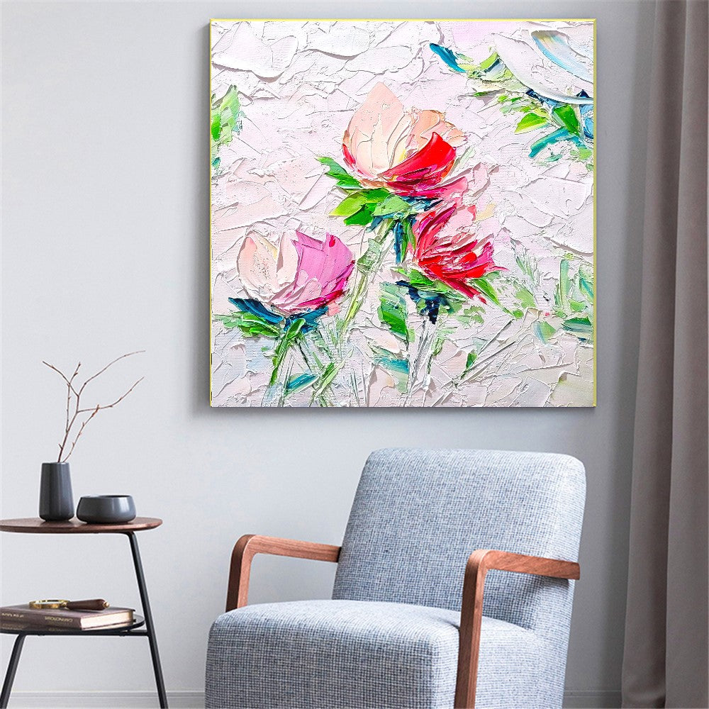 Blooming Beauty, Impasto Textured Floral Oil Painting on Canvas - Original Artwork for Living room