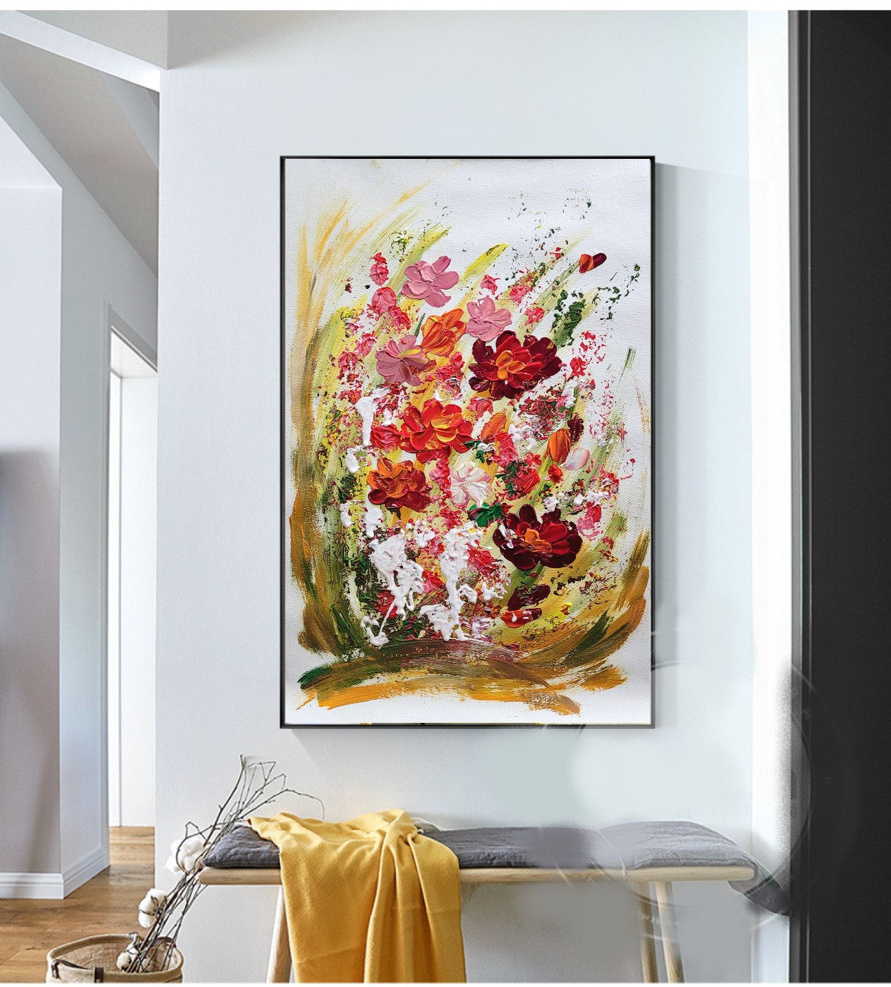 Blossoming Serenity - Modern Abstract Floral Impasto Oil Painting on Canvas, Living Room Art Decor