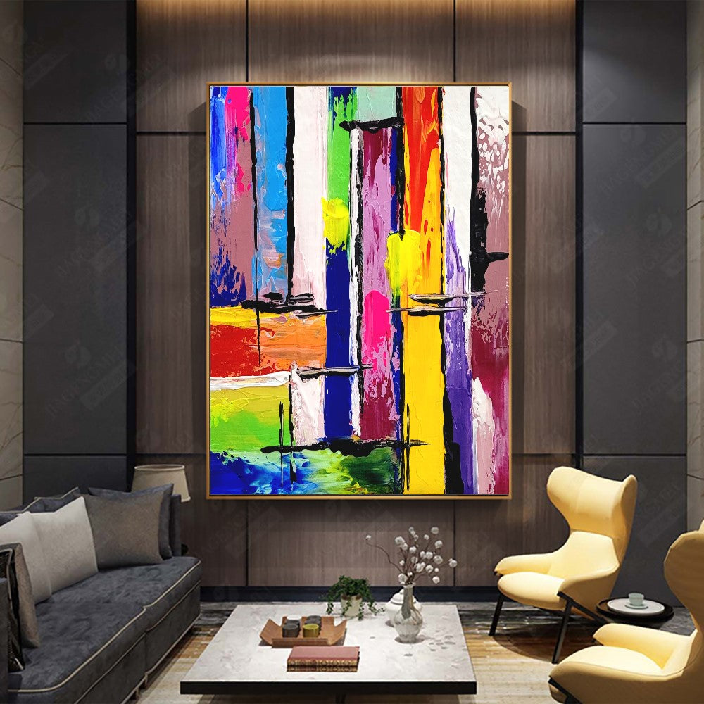 LARGE Colorful Impasto Abstract Painting, Canvas Art, Geometric Modern wall painting for living room