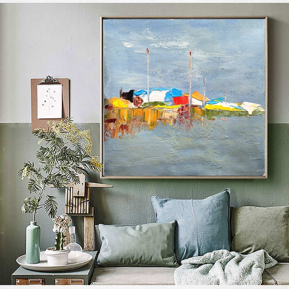 Moden Abstract Landscape Art, Seashore Impasto Oil Painting on Canvas for Living room