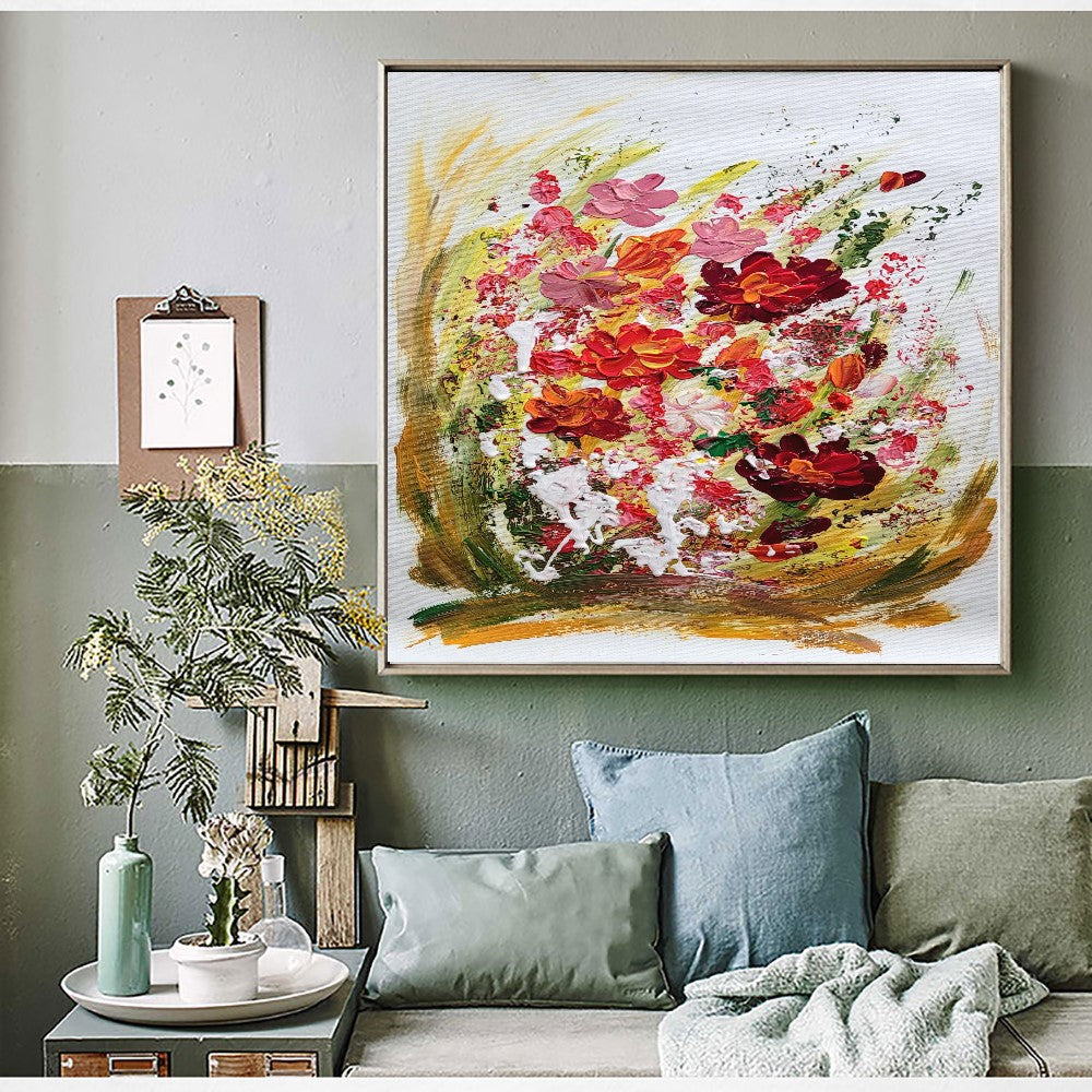 Blossoming Serenity - Modern Abstract Floral Impasto Oil Painting on Canvas, Living Room Art Decor