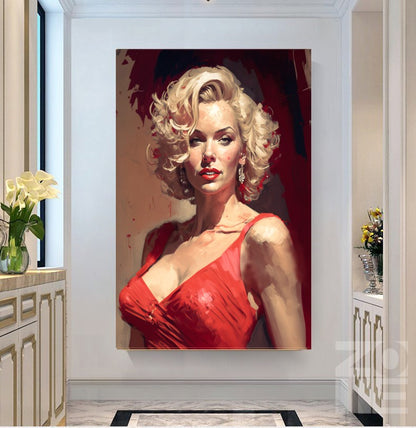 Marilyn Monroe in red dress / Large Stretched Printed Canvas / Modern Wall Art Print