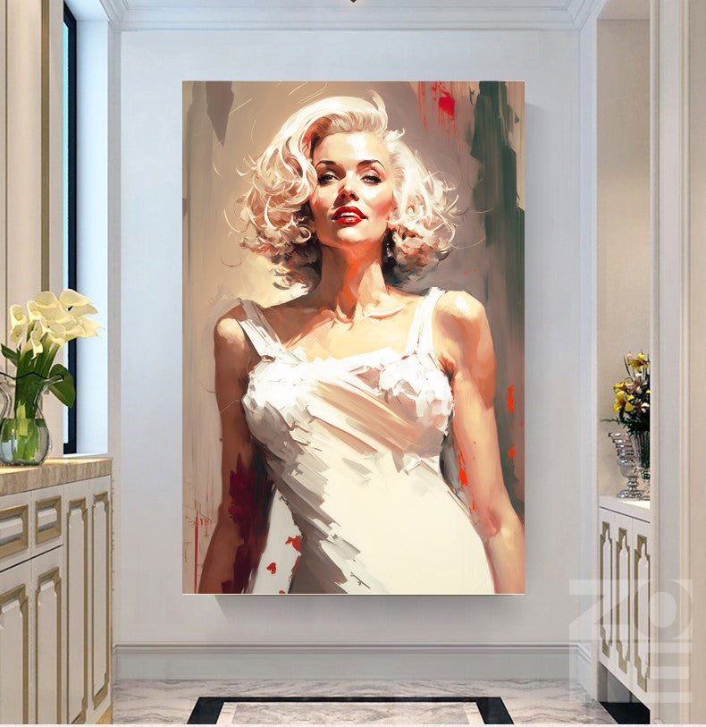 Marilyn Monroe in white dress / Large Stretched Printed Canvas / Modern Wall Art Print