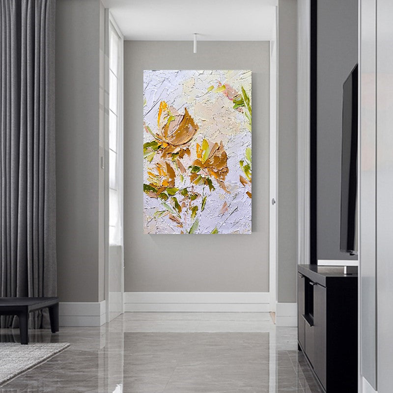 Gold Blooming Beauty, Impasto Textured Floral Oil Painting on Canvas - Original Artwork for Living room