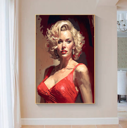 Marilyn Monroe in red dress / Large Stretched Printed Canvas / Modern Wall Art Print