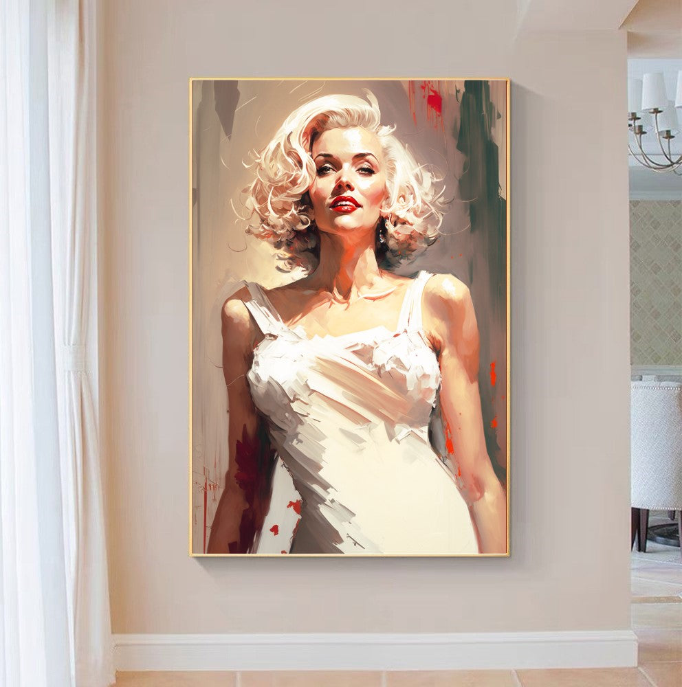 Marilyn Monroe in white dress / Large Stretched Printed Canvas / Modern Wall Art Print