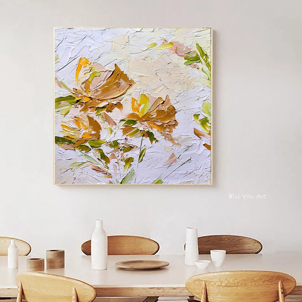 Gold Blooming Beauty, Impasto Textured Floral Oil Painting on Canvas - Original Artwork for Living room