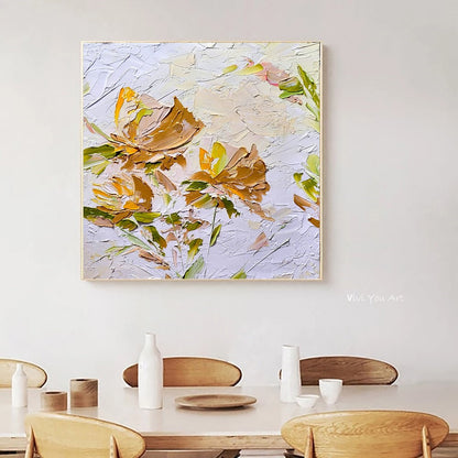 Gold Blooming Beauty, Impasto Textured Floral Oil Painting on Canvas - Original Artwork for Living room