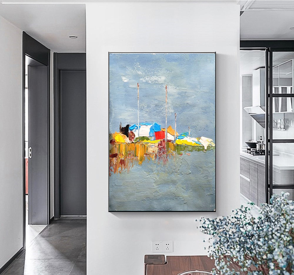 Moden Abstract Landscape Art, Seashore Impasto Oil Painting on Canvas for Living room