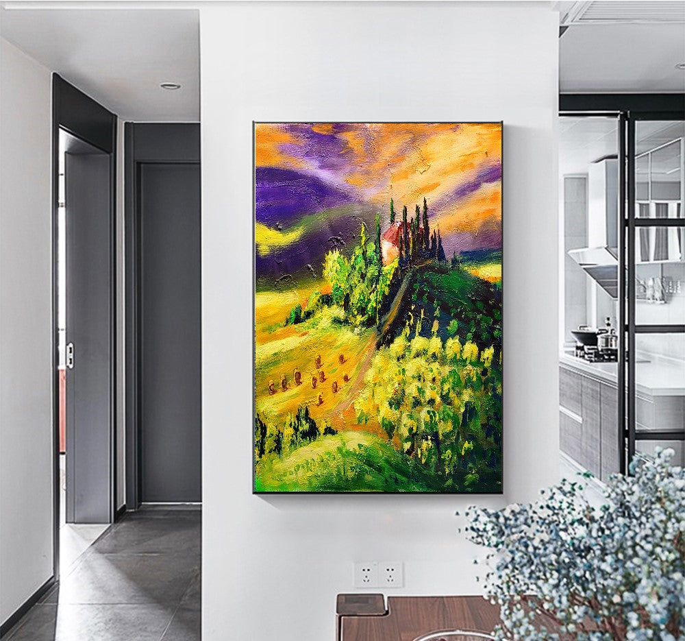 LARGE Abstract Impasto Oil Painting on Canvas, Toscana Italien Landscape, Textured Acrylic Art for Living room