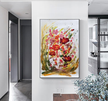 Blossoming Serenity - Modern Abstract Floral Impasto Oil Painting on Canvas, Living Room Art Decor