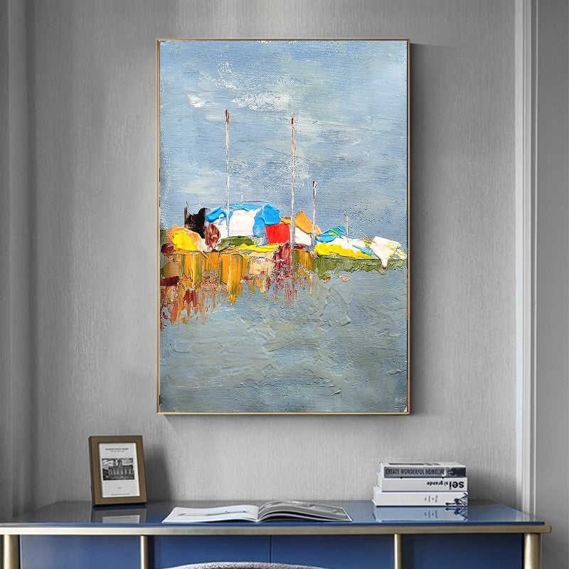 Moden Abstract Landscape Art, Seashore Impasto Oil Painting on Canvas for Living room