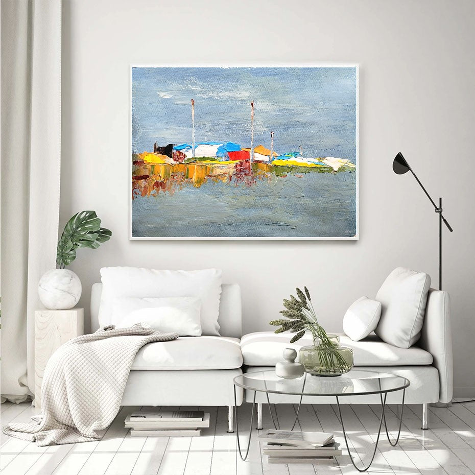 Moden Abstract Landscape Art, Seashore Impasto Oil Painting on Canvas for Living room