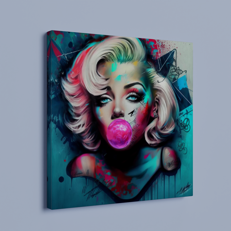 Large Stretched Printed Canvas / Marilyn Monroe with Blue booble gum / Unique Wall Art Print