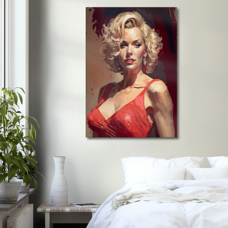 Marilyn Monroe in red dress / Large Stretched Printed Canvas / Modern Wall Art Print