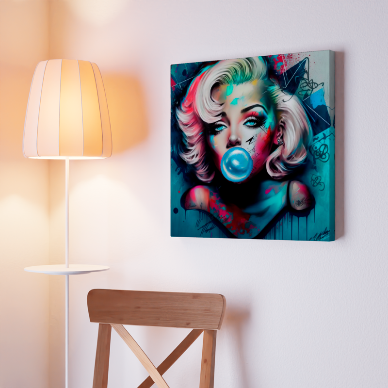 Large Stretched Printed Canvas / Marilyn Monroe with Blue booble gum / Unique Wall Art Print