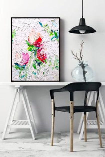 Blooming Beauty, Impasto Textured Floral Oil Painting on Canvas - Original Artwork for Living room