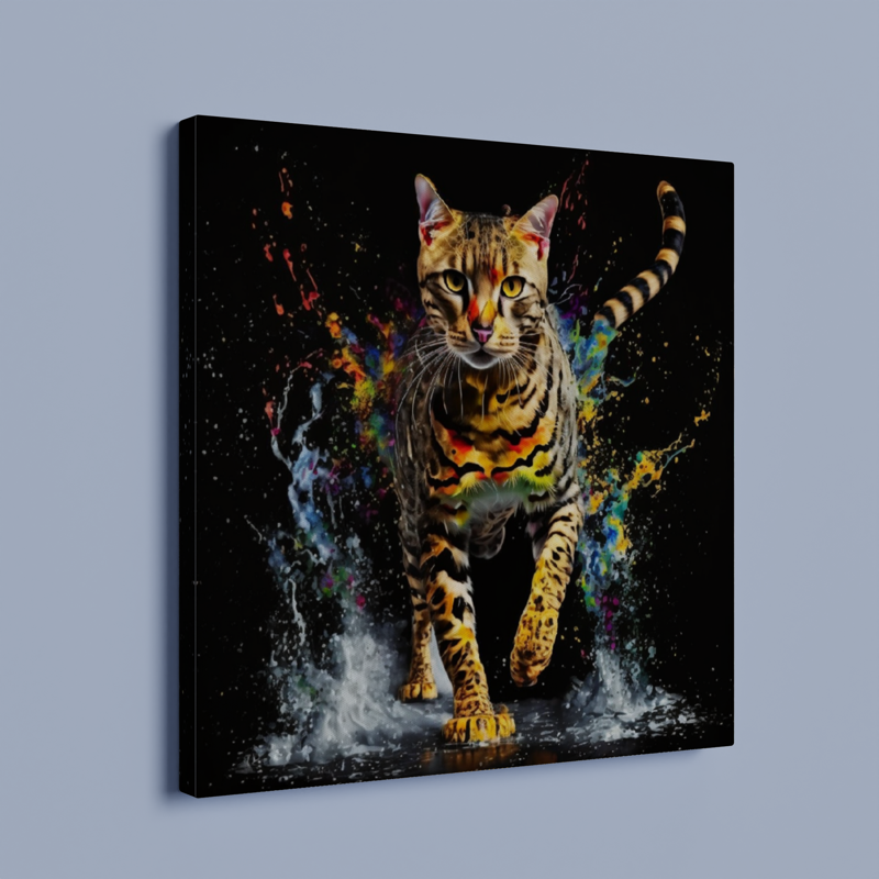 Bengal Cat Colorful Splash Canvas Print – Large – Oil on Canvas – {{ product.title }} canvas artwork by Tanya Mirelle – modern wall decor – original artwork for home, living room, office, or gallery – original artwork by BETSY-ART GALLERY
