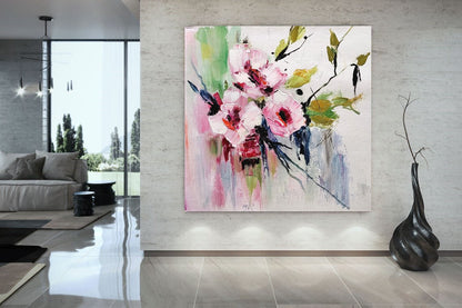 Large Impasto Textured Floral Oil Painting on Canvas - Original Artwork, Colorful Textured Wall Art