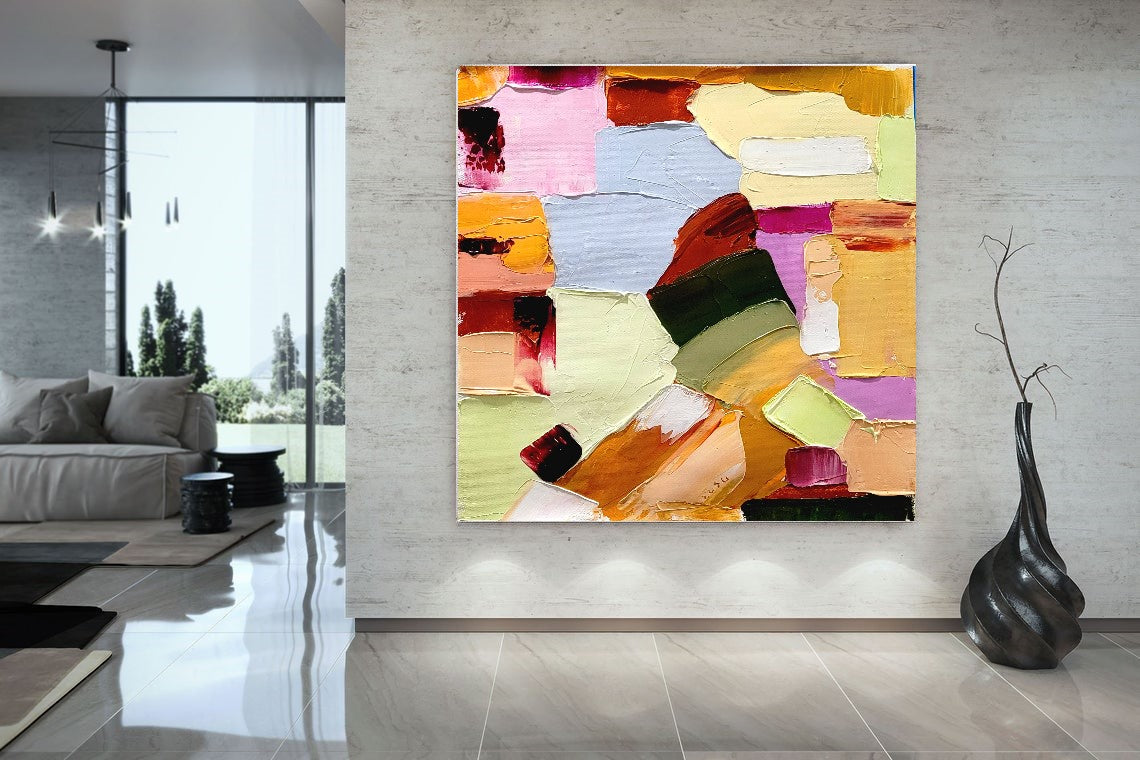 Large Modern Abstract Impasto Oil Painting on Canvas, Colorful Textured Wall Art for living room