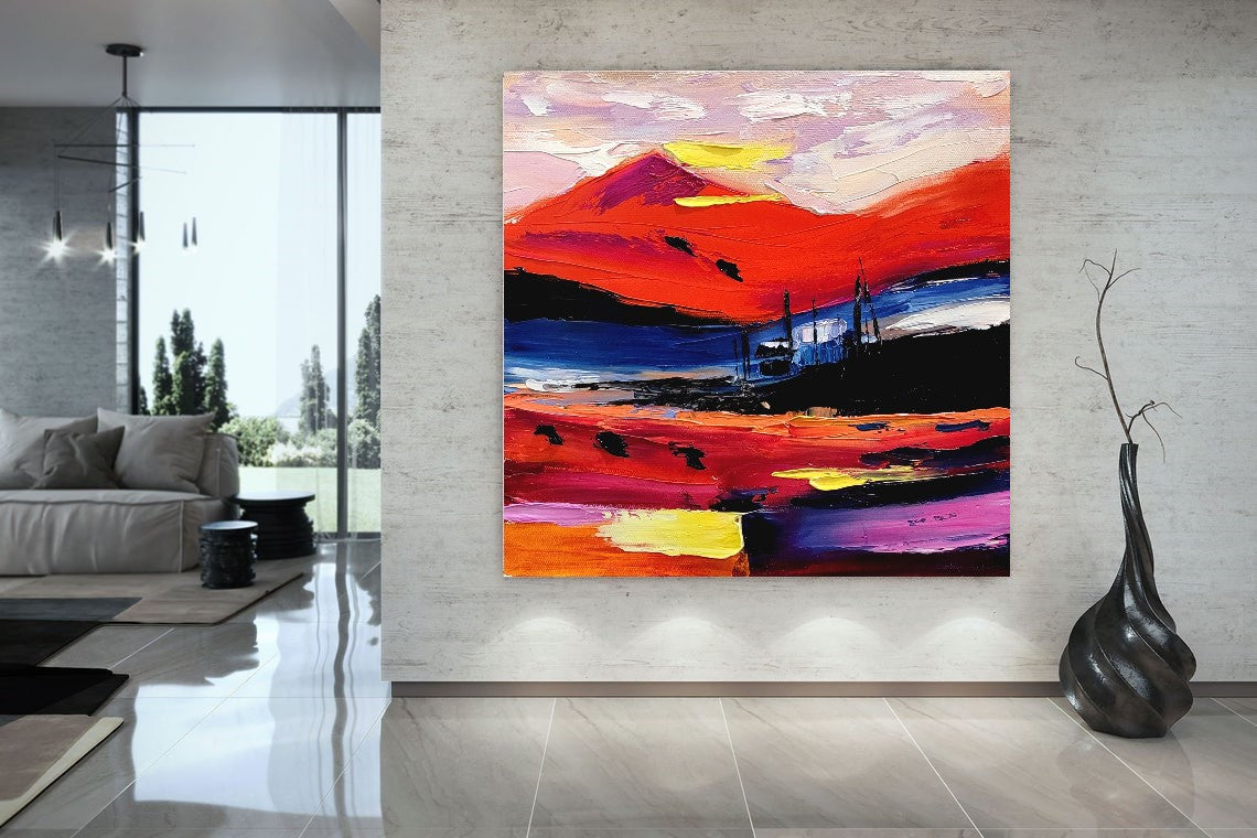 Fiery Twilight - Large Modern Abstract Impasto Oil Painting on Canvas, Colorful Textured Wall Art