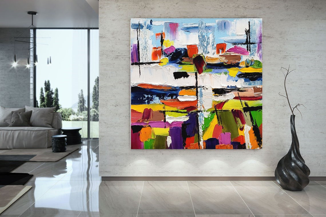 Urban Kaleidoscope - Large Modern Abstract Impasto Oil Painting on Canvas, Colorful Textured Wall Art