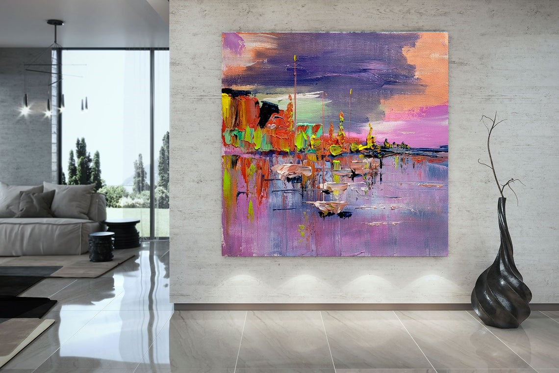 LARGE Abstract Impasto Oil Painting on Canvas, Mediterranean Seashore, Modern Wall Art for Bedroom, Living room