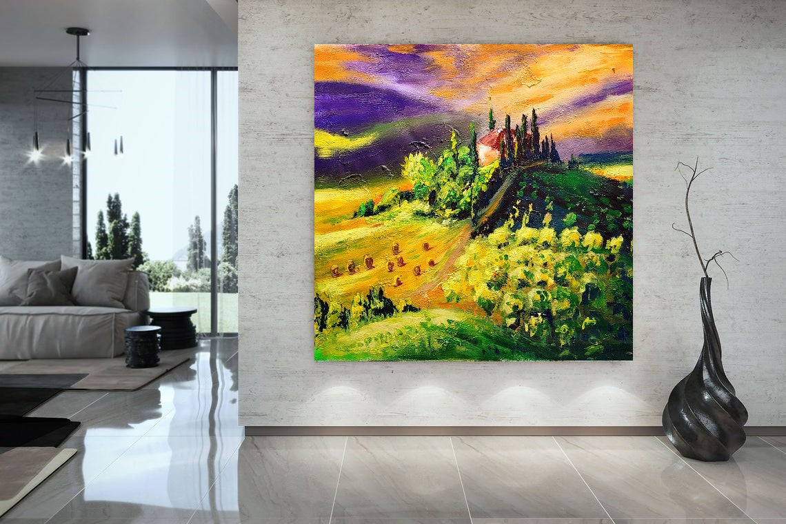 LARGE Abstract Impasto Oil Painting on Canvas, Toscana Italien Landscape, Textured Acrylic Art for Living room