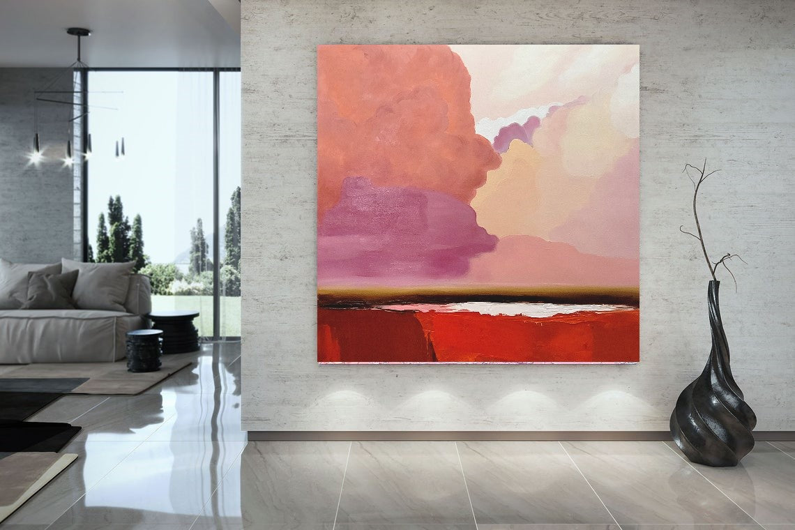 LARGE Modern Abstract Impasto Oil Painting on Canvas, Pink Landscape Art for Living room