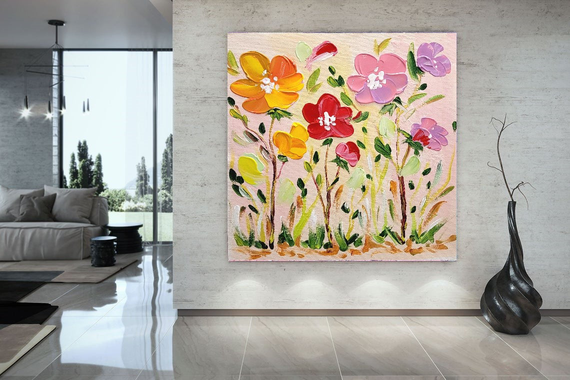 Blossoms in Bloom - Abstract Impasto Oil Painting on Canvas, Modern Abstract Floral Art for Living room, Bedroom