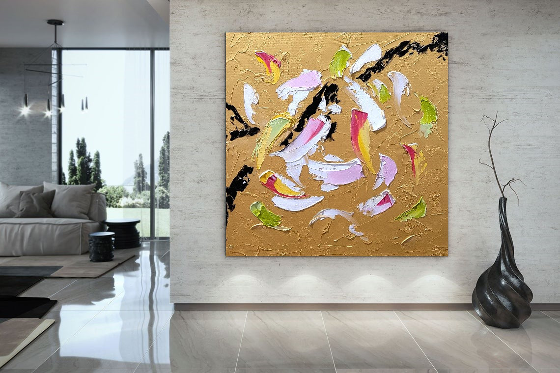 Modern Gold Abstract Art, Impasto Oil Painting on Canvas, Textured Wall Art for Living room