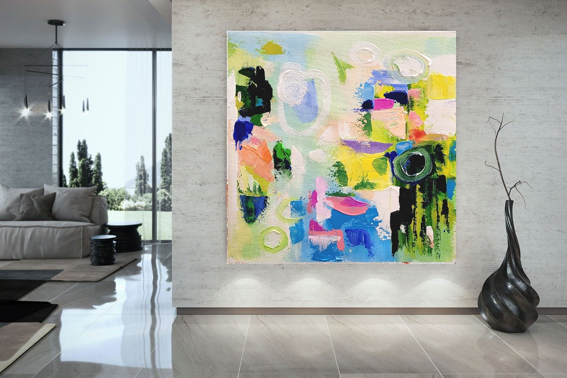 LARGE Modern Abstract Wall Art, Green Impasto Oil Painting on Canvas for Living room