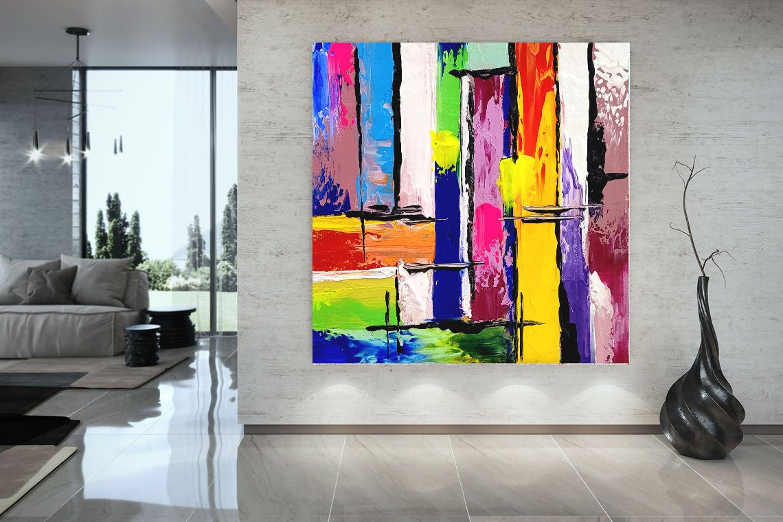 LARGE Colorful Impasto Abstract Painting, Canvas Art, Geometric Modern wall painting for living room