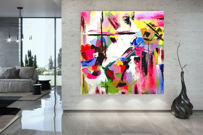 LARGE Modern Abstract Art, Vivid Pink Red Impasto Oil Painting on Canvas for Living Room