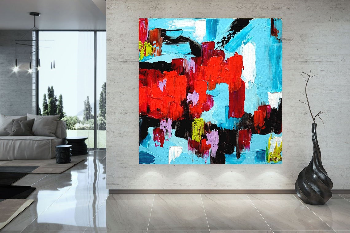 EXTRA LARGE Red Blue Abstract Impasto Oil Painting on Canvas / No Frame