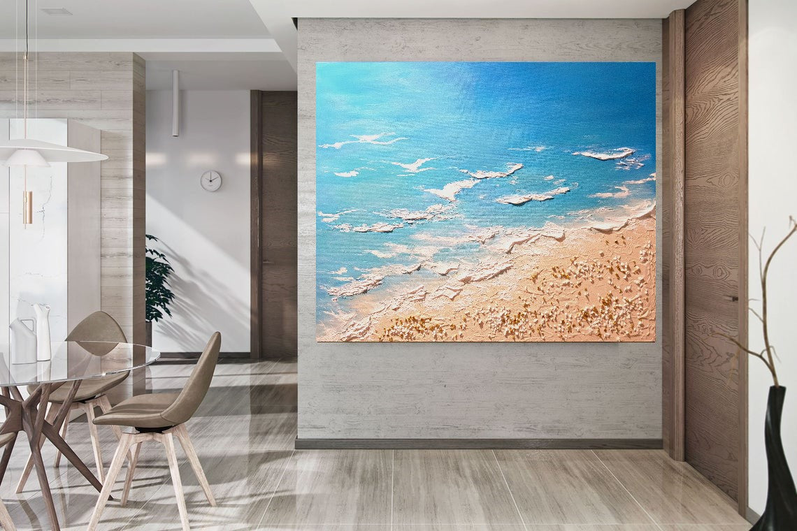 LARGE Modern Textured Wall Art, Seashore Art, Acrylic Painting on Canvas for Bedroom, Living room