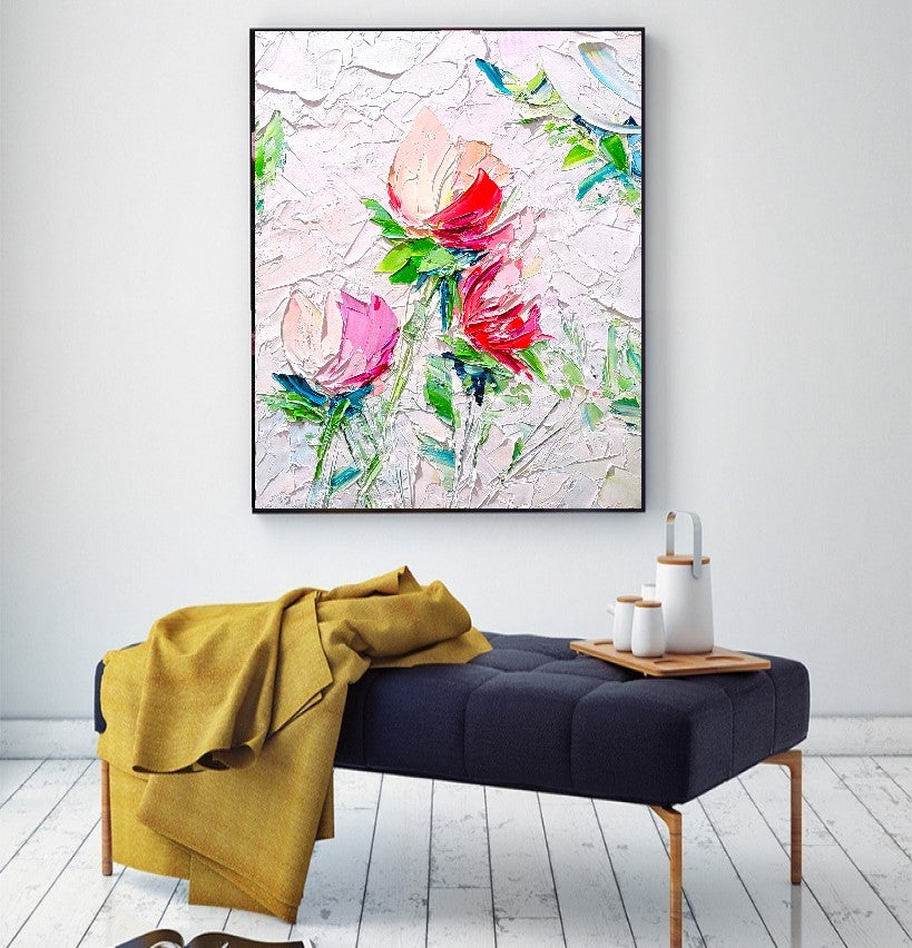 Blooming Beauty, Impasto Textured Floral Oil Painting on Canvas - Original Artwork for Living room