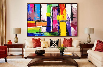 LARGE Colorful Impasto Abstract Painting, Canvas Art, Geometric Modern wall painting for living room